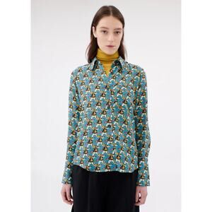 Printed Blue Long-Sleeve Blouse - Women's